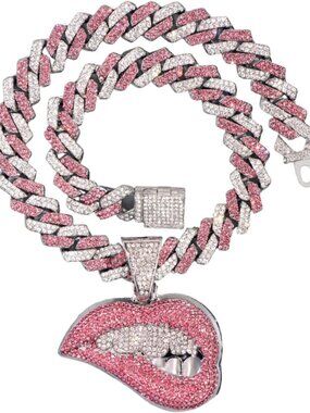 Silver Pink 20-Inch Iced Out Cuban Link Chain Necklace with Bite Lip Pendant
